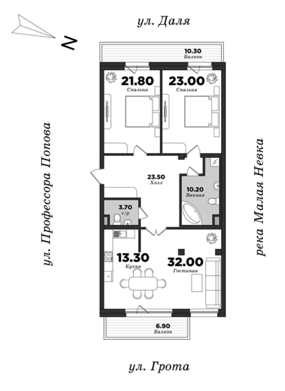 Dom na ulitse Grota, 2 bedrooms, 129.19 m² | planning of elite apartments in St. Petersburg | М16